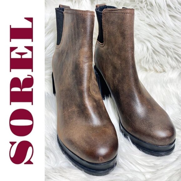 SOREL Blake Leather Waterproof Chelsea Heeled Bootie Brown, Size 11 - Picture 2 of 14